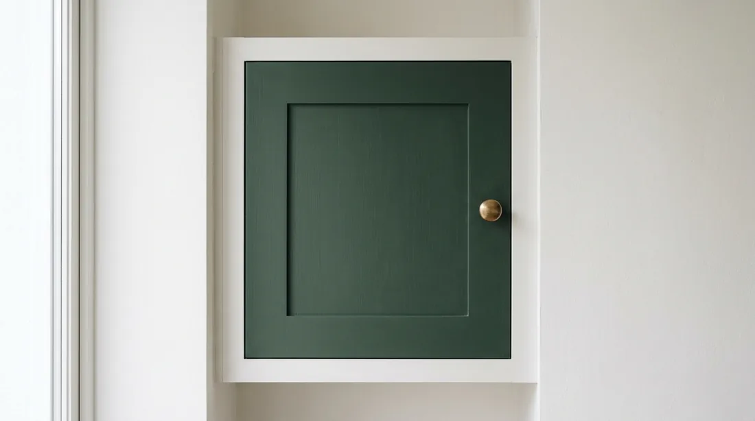 A kitchen cabinet door painted deep green in a white painted surround, with a brushed brass knob