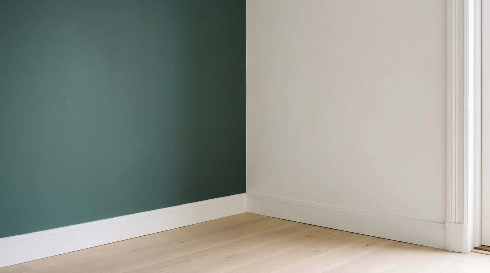 Corner of a freshly painted empty room, deep green wall meeting an off-white wall above a pale oak floor